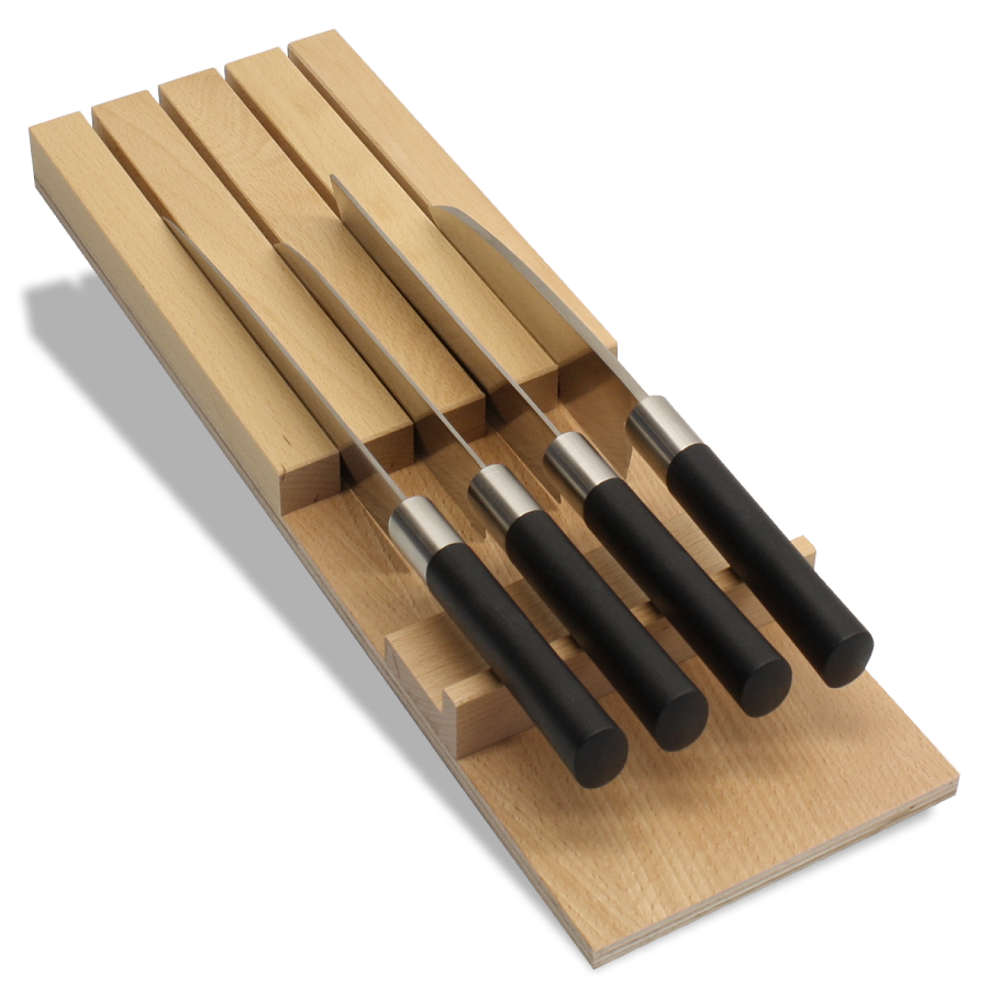 Schubladen-Messerhalter, Messerblock für 3 bis 8 Messer. Für diverse Schubladentiefen erhältlich. | Nussbaum | 462 mm | Für 4 Kochmesser