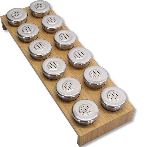 Gewürzdosenhalter für 12 Dosen für Verwendung in einer Schublade. Ø35-62mm | Eiche | 479mm