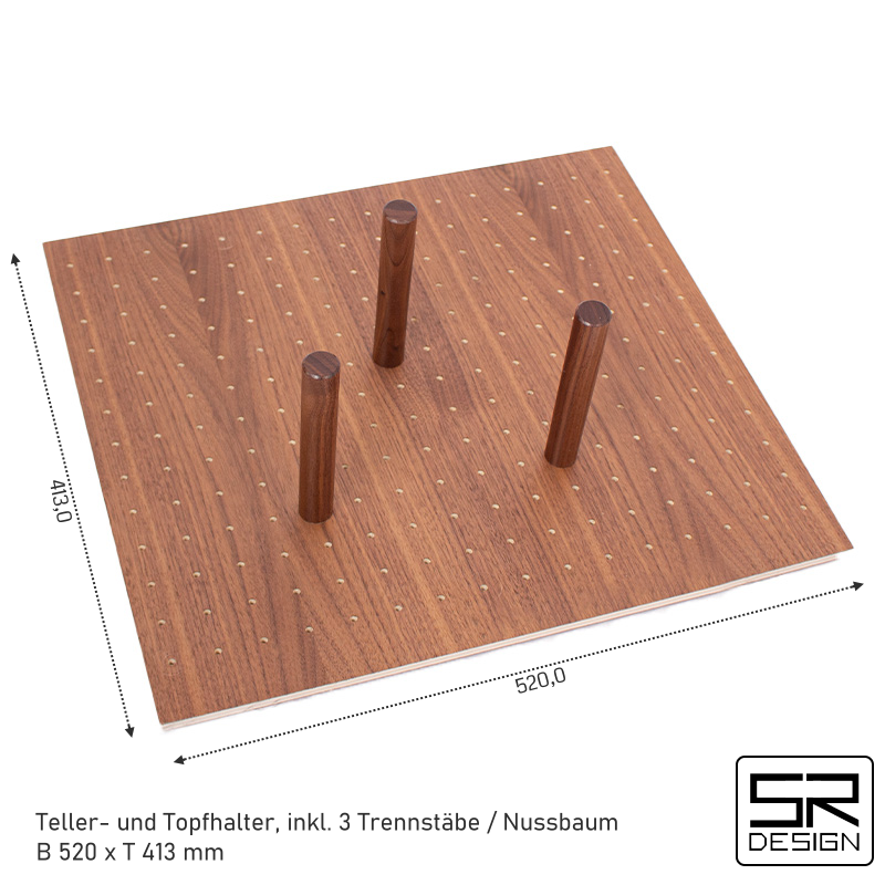 Tellerhalter / Topfhalter K60 inkl. 3 Trennstäbe. Einzelstück. Nussbaum.