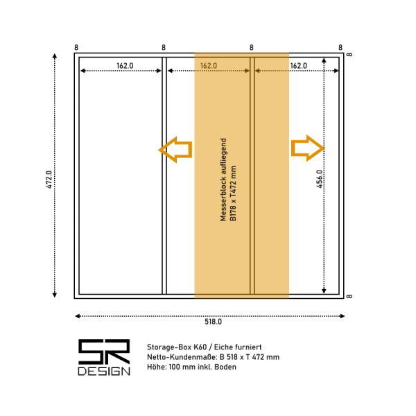 Storage-Box mit 3-Fach Einteilung. Höhe: 100 mm. Eiche furniert.